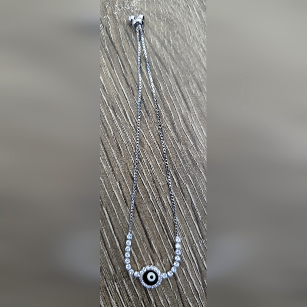 14kt White Gold Plated Evil Eye Bracelet With Faux Diamond Accent, Adjustable
